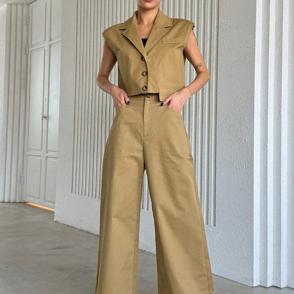 Khaki Casual Women's Turn-Down Collar Batwing Sleeve Top And Wide-Leg Pants Suit - Picture 7 of 9